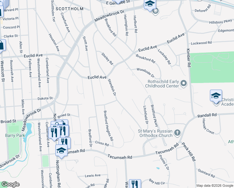 map of restaurants, bars, coffee shops, grocery stores, and more near 317 Standish Drive in Syracuse