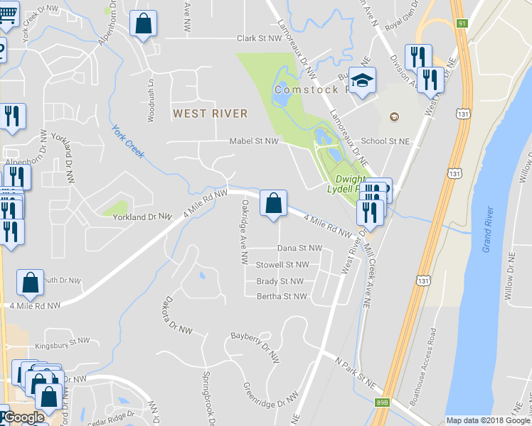 map of restaurants, bars, coffee shops, grocery stores, and more near 152 4 Mile Road Northwest in Comstock Park