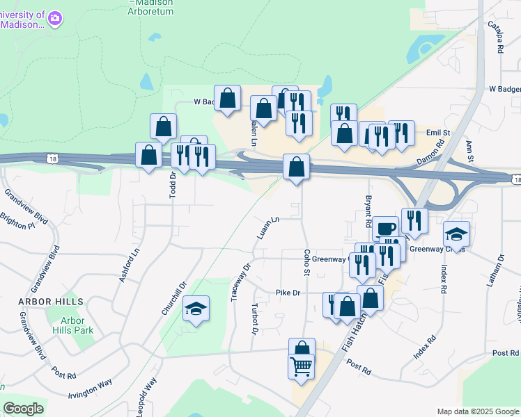 map of restaurants, bars, coffee shops, grocery stores, and more near 2202 Luann Lane in Madison