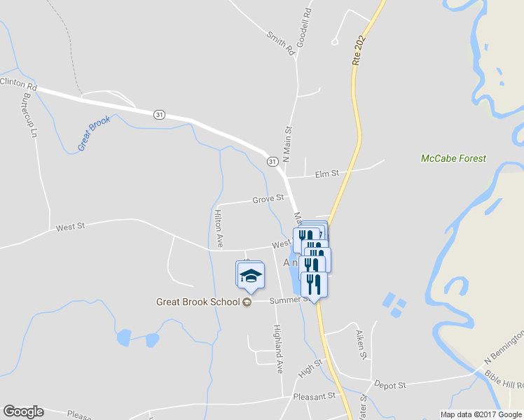 map of restaurants, bars, coffee shops, grocery stores, and more near 10 Grove Street in Antrim