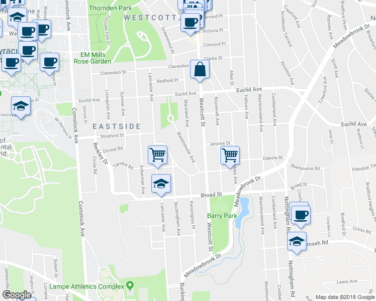 map of restaurants, bars, coffee shops, grocery stores, and more near 998 Maryland Avenue in Syracuse