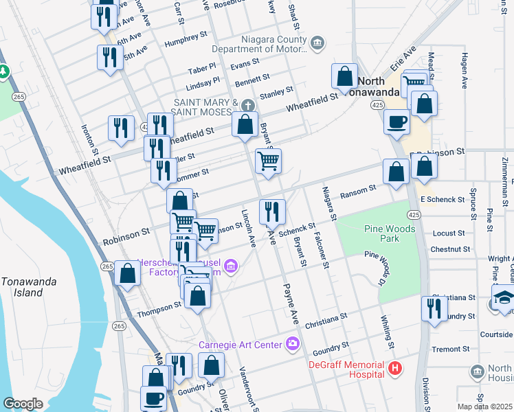 map of restaurants, bars, coffee shops, grocery stores, and more near 360 Payne Avenue in North Tonawanda