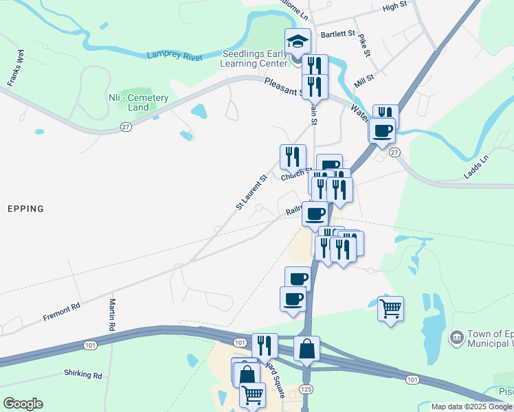 map of restaurants, bars, coffee shops, grocery stores, and more near 72 Saint Laurent Street in Epping