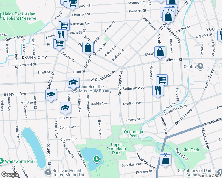 map of restaurants, bars, coffee shops, grocery stores, and more near 806 Bellevue Avenue in Syracuse
