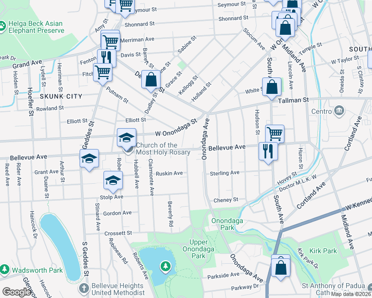 map of restaurants, bars, coffee shops, grocery stores, and more near 120 Malcolm Street in Syracuse