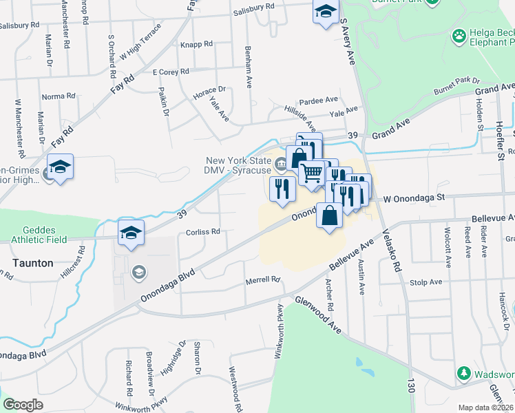 map of restaurants, bars, coffee shops, grocery stores, and more near 103 Avalon Avenue in Syracuse