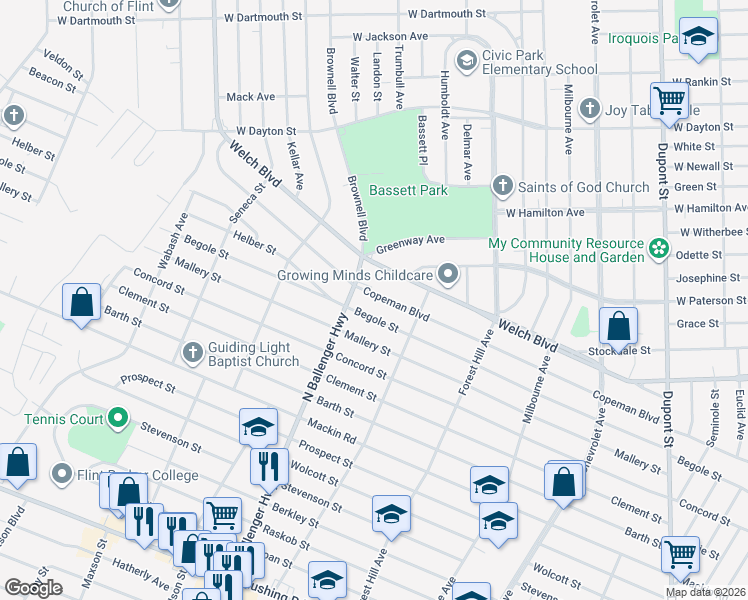 map of restaurants, bars, coffee shops, grocery stores, and more near 1802 Copeman Boulevard in Flint