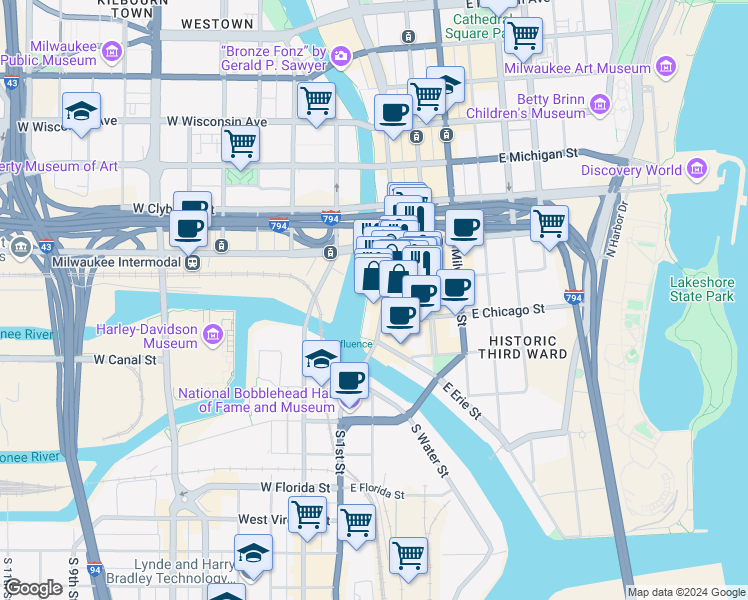 map of restaurants, bars, coffee shops, grocery stores, and more near 220 East Buffalo Street in Milwaukee