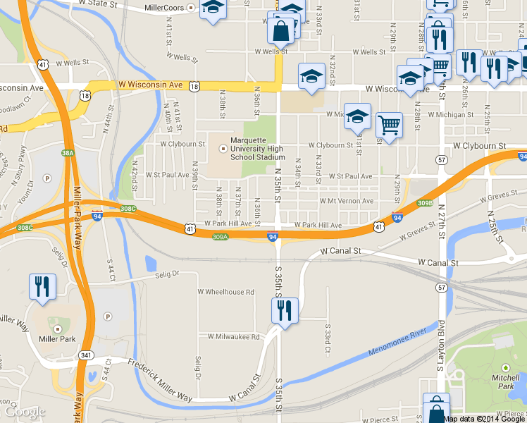 map of restaurants, bars, coffee shops, grocery stores, and more near 234A North 36th Street in Milwaukee