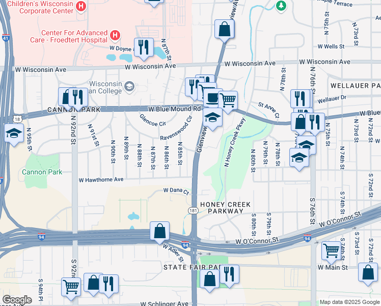 map of restaurants, bars, coffee shops, grocery stores, and more near 205 Glenview Avenue in Wauwatosa