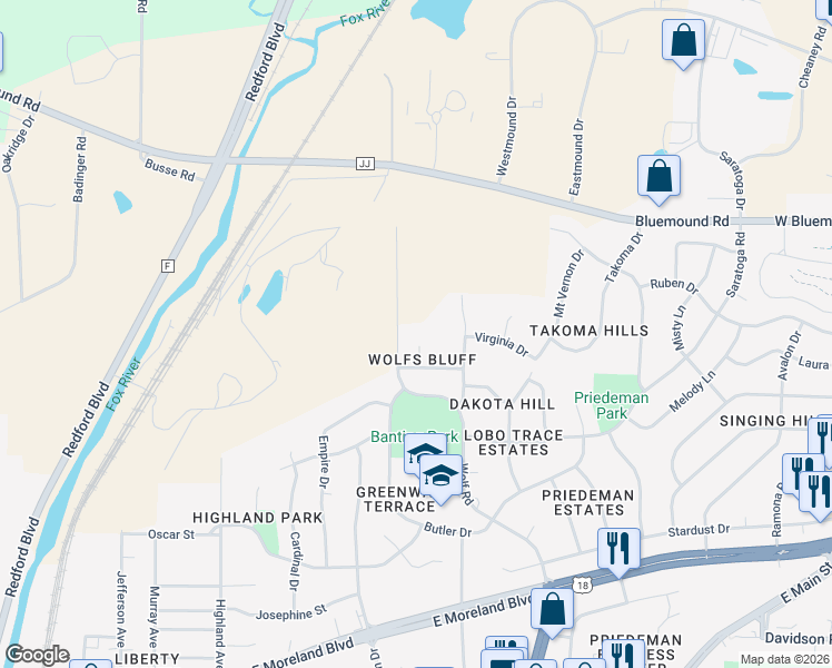 map of restaurants, bars, coffee shops, grocery stores, and more near 2210 Bluff Court in Waukesha