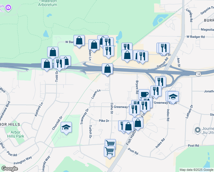 map of restaurants, bars, coffee shops, grocery stores, and more near 2700-2738 Coho Street in Madison