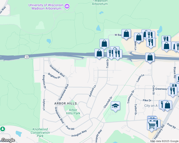 map of restaurants, bars, coffee shops, grocery stores, and more near 2898 Ashford Lane in Madison