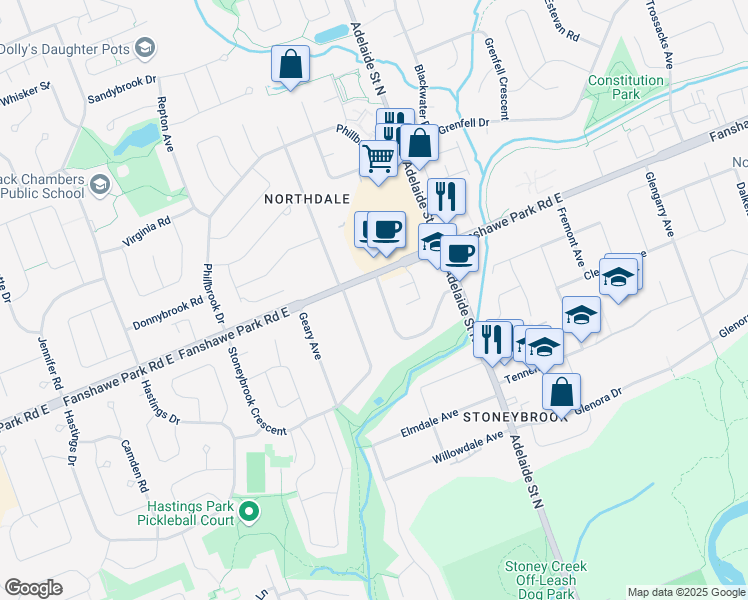 map of restaurants, bars, coffee shops, grocery stores, and more near 73 Daleview Crescent in London