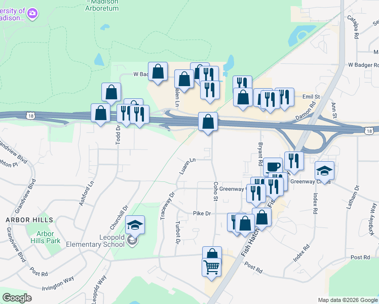 map of restaurants, bars, coffee shops, grocery stores, and more near 2126 Luann Lane in Madison