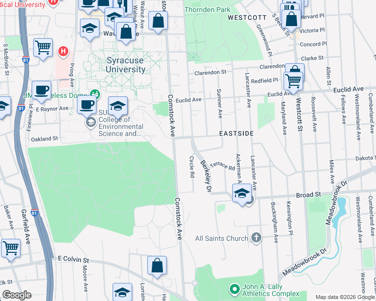map of restaurants, bars, coffee shops, grocery stores, and more near 106 Berkeley Drive in Syracuse