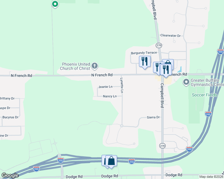 map of restaurants, bars, coffee shops, grocery stores, and more near 47 Joanie Lane in Buffalo