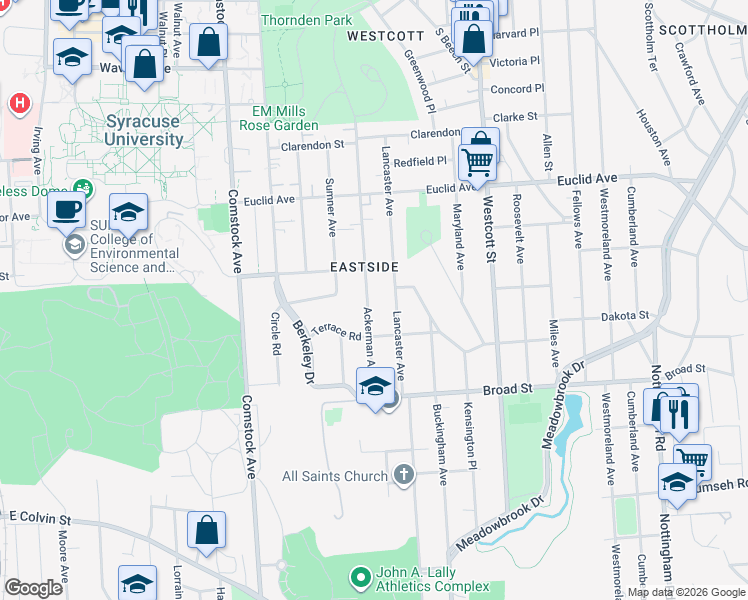 map of restaurants, bars, coffee shops, grocery stores, and more near 933-35 Ackerman Avenue in Syracuse