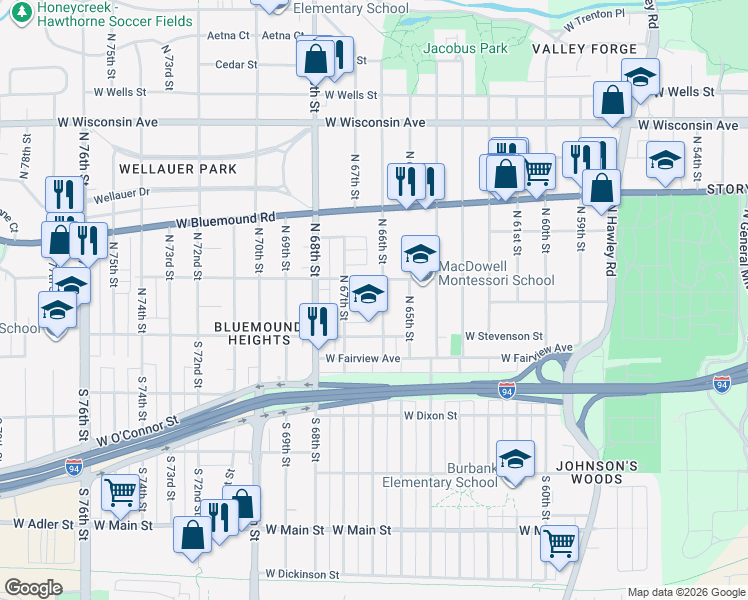map of restaurants, bars, coffee shops, grocery stores, and more near 217 North 66th Street in Milwaukee