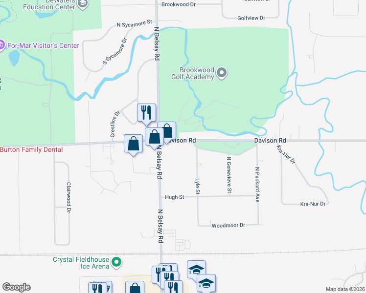 map of restaurants, bars, coffee shops, grocery stores, and more near 6056 Davison Road in Burton