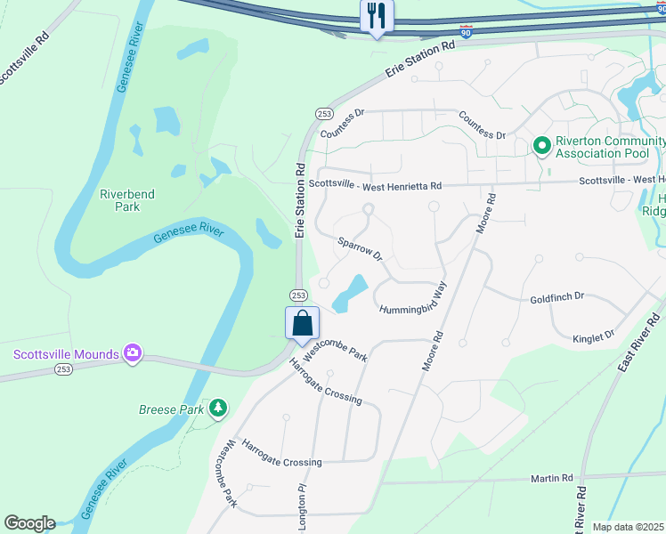 map of restaurants, bars, coffee shops, grocery stores, and more near 22 Starflower Drive in West Henrietta