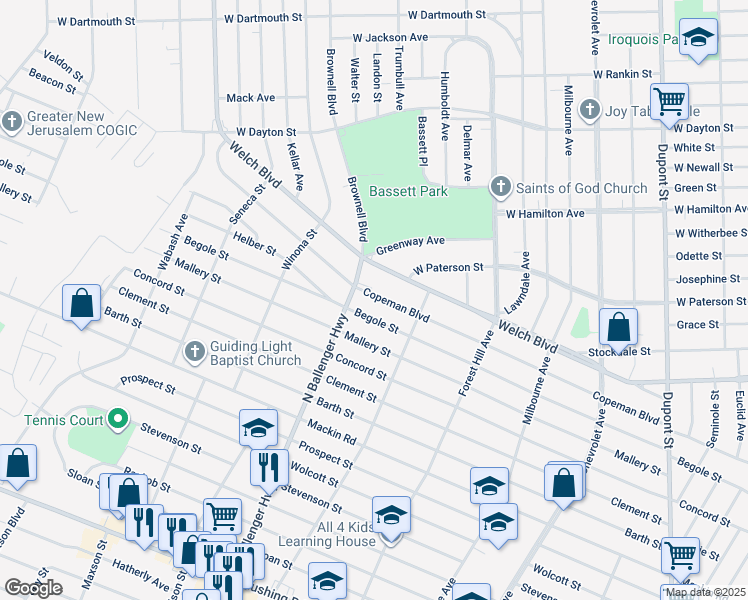 map of restaurants, bars, coffee shops, grocery stores, and more near 1802 Copeman Boulevard in Flint