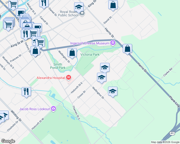 map of restaurants, bars, coffee shops, grocery stores, and more near 30 Park Avenue in Ingersoll