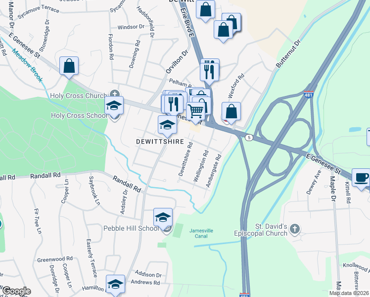 map of restaurants, bars, coffee shops, grocery stores, and more near 106 Dewittshire Road in Syracuse
