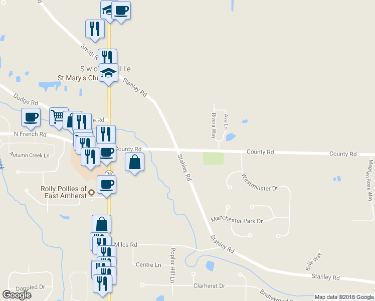 map of restaurants, bars, coffee shops, grocery stores, and more near 8195 County Road in East Amherst