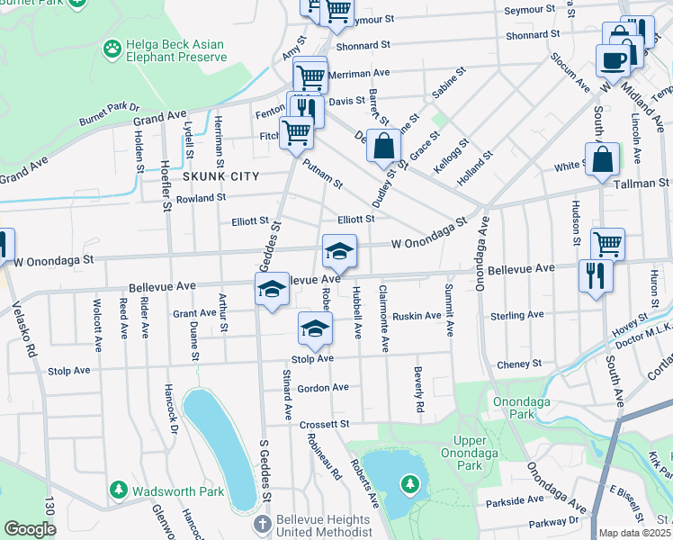 map of restaurants, bars, coffee shops, grocery stores, and more near 1038-40 Bellevue Avenue in Syracuse