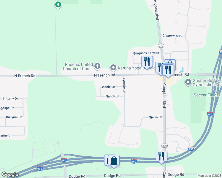 map of restaurants, bars, coffee shops, grocery stores, and more near 47 Joanie Lane in Buffalo