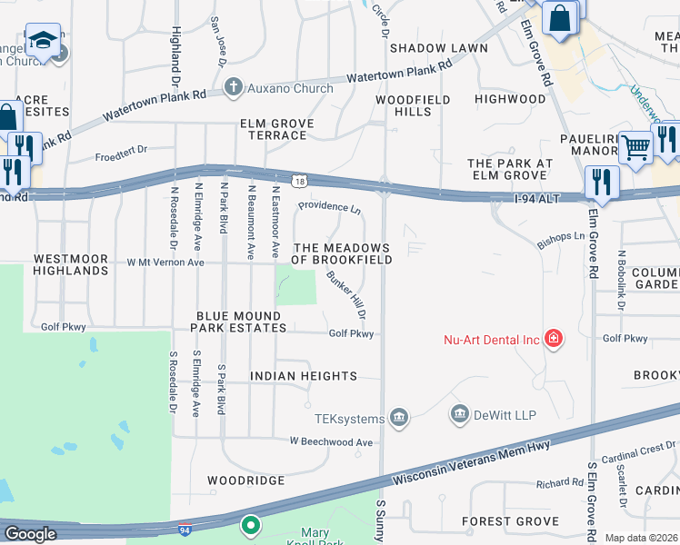 map of restaurants, bars, coffee shops, grocery stores, and more near 260 Bunker Hill Drive in Brookfield