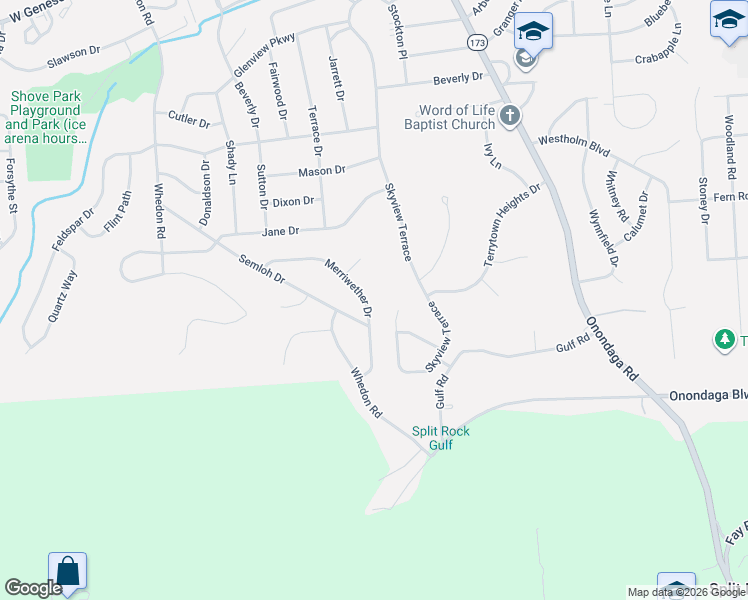 map of restaurants, bars, coffee shops, grocery stores, and more near 207 Merriwether Drive in Syracuse