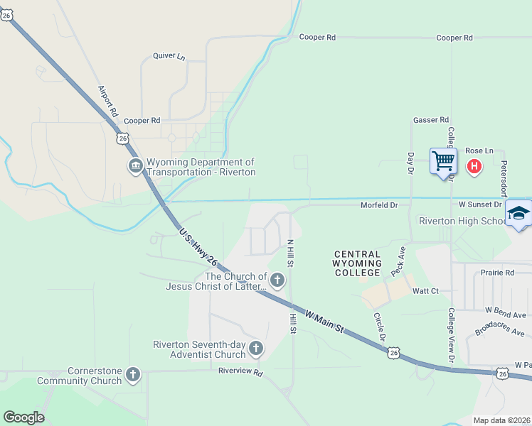 map of restaurants, bars, coffee shops, grocery stores, and more near 3002 College Hill Drive in Riverton