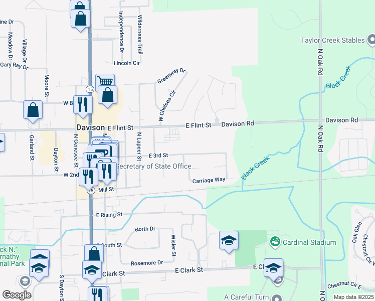 map of restaurants, bars, coffee shops, grocery stores, and more near 525 East 3rd Street in Davison