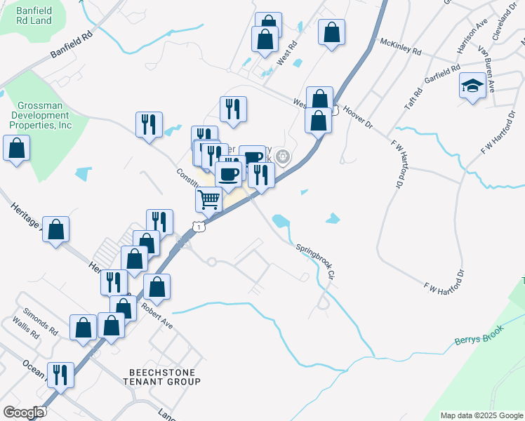 map of restaurants, bars, coffee shops, grocery stores, and more near 902 Spring Brook Circle in Portsmouth