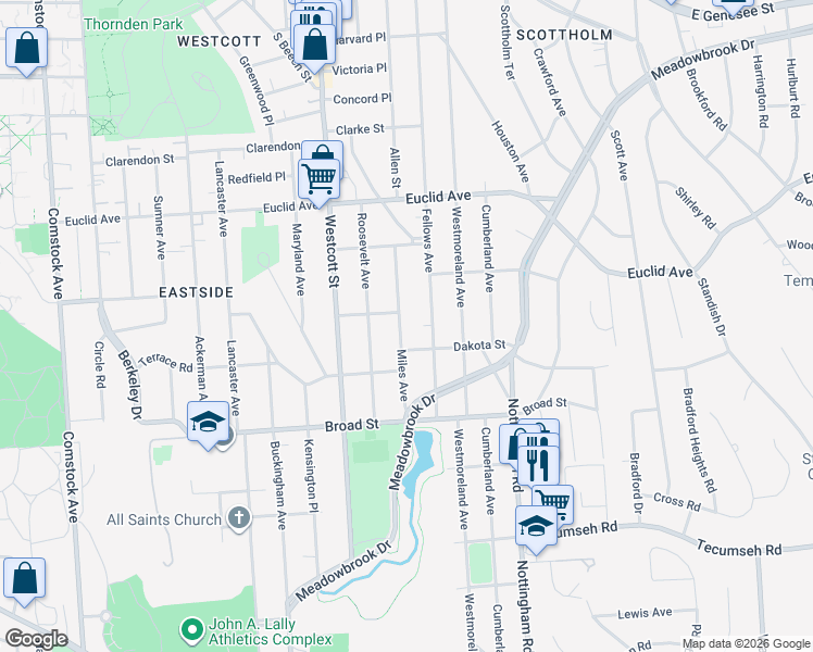 map of restaurants, bars, coffee shops, grocery stores, and more near 205 Miles Avenue in Syracuse