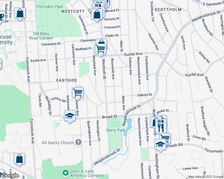 map of restaurants, bars, coffee shops, grocery stores, and more near 300 Roosevelt Avenue in Syracuse