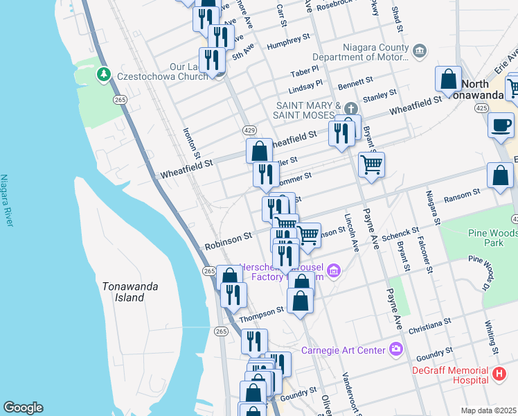 map of restaurants, bars, coffee shops, grocery stores, and more near 26 Keil Street in North Tonawanda