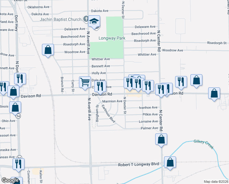 map of restaurants, bars, coffee shops, grocery stores, and more near 3540 Churchill Avenue in Flint