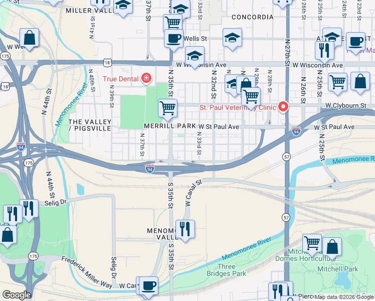 map of restaurants, bars, coffee shops, grocery stores, and more near 3411 West Mount Vernon Avenue in Milwaukee