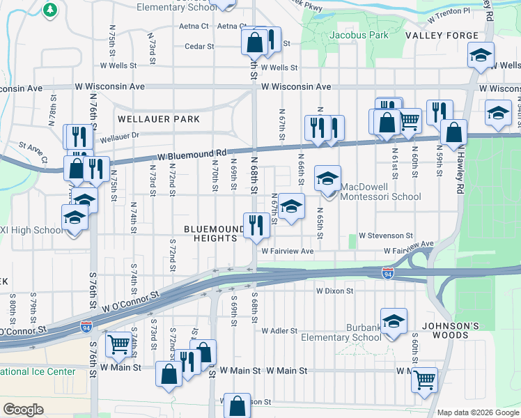 map of restaurants, bars, coffee shops, grocery stores, and more near 217 North 68th Street in Milwaukee