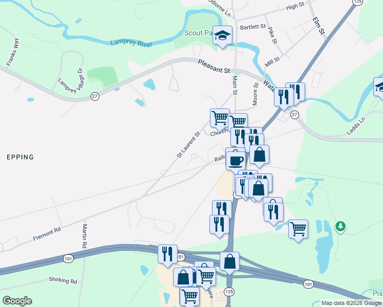 map of restaurants, bars, coffee shops, grocery stores, and more near 72 Saint Laurent Street in Epping