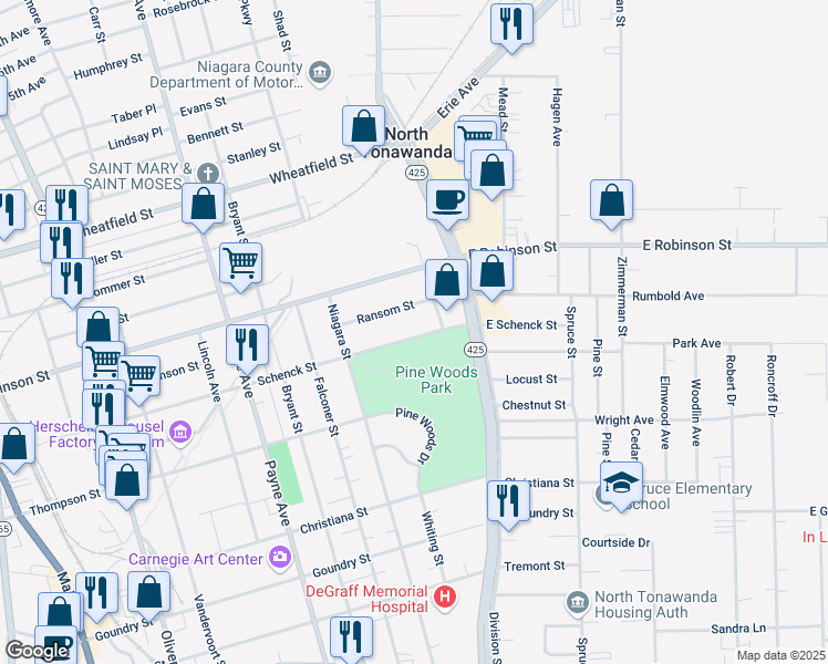 map of restaurants, bars, coffee shops, grocery stores, and more near 454 Schenck Street in North Tonawanda