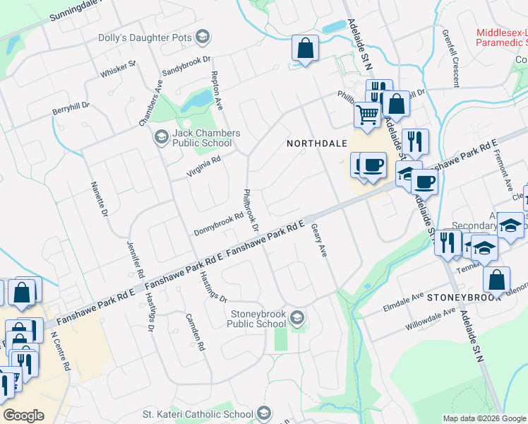 map of restaurants, bars, coffee shops, grocery stores, and more near 495 Jeffreybrook Close in London