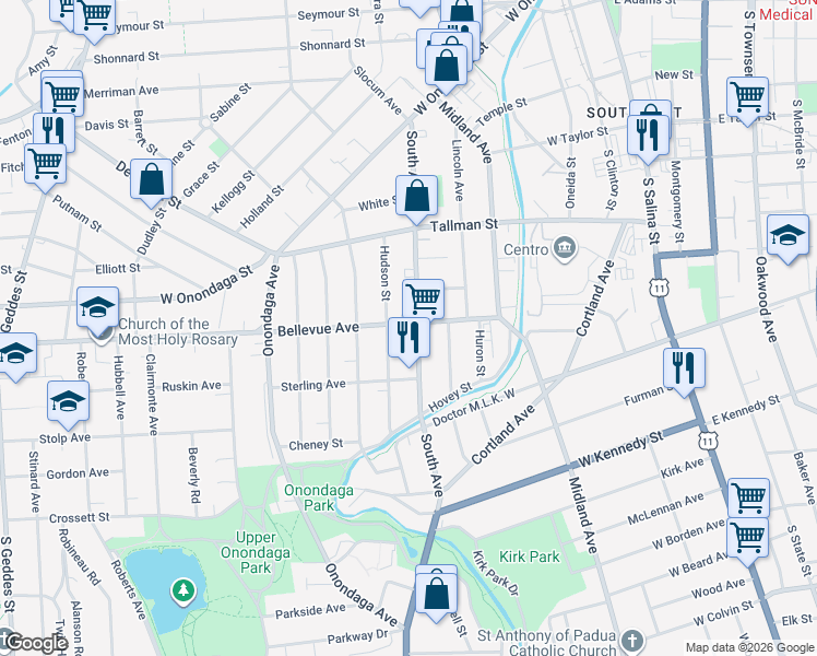 map of restaurants, bars, coffee shops, grocery stores, and more near 112 Bellevue Avenue in Syracuse