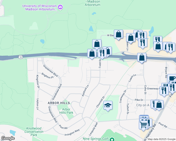map of restaurants, bars, coffee shops, grocery stores, and more near 2898 Ashford Lane in Madison