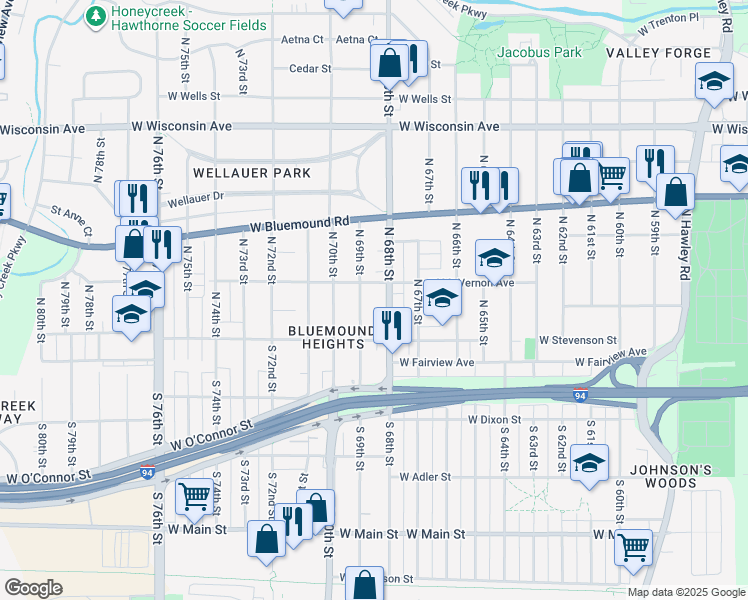 map of restaurants, bars, coffee shops, grocery stores, and more near 217 North 68th Street in Milwaukee