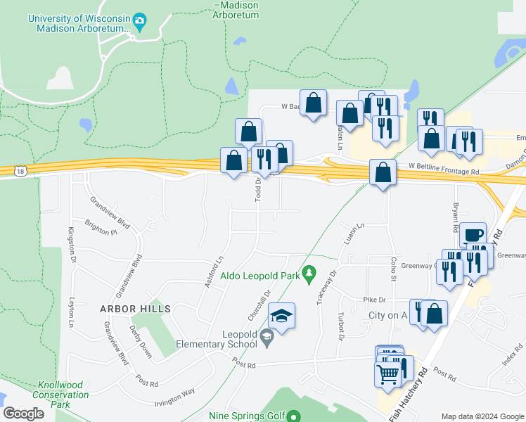 map of restaurants, bars, coffee shops, grocery stores, and more near 2619 McDivitt Road in Madison