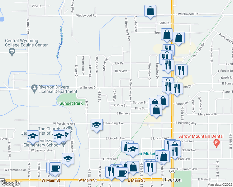 map of restaurants, bars, coffee shops, grocery stores, and more near 227 Valley Circle in Riverton